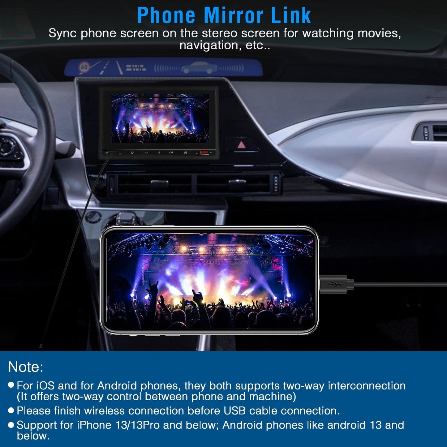 7In Universal Wireless Car MP5 Player 1080P Video Player Stereo Audio FM Radio Aux/USB Input with Rear View Camera Remote Control