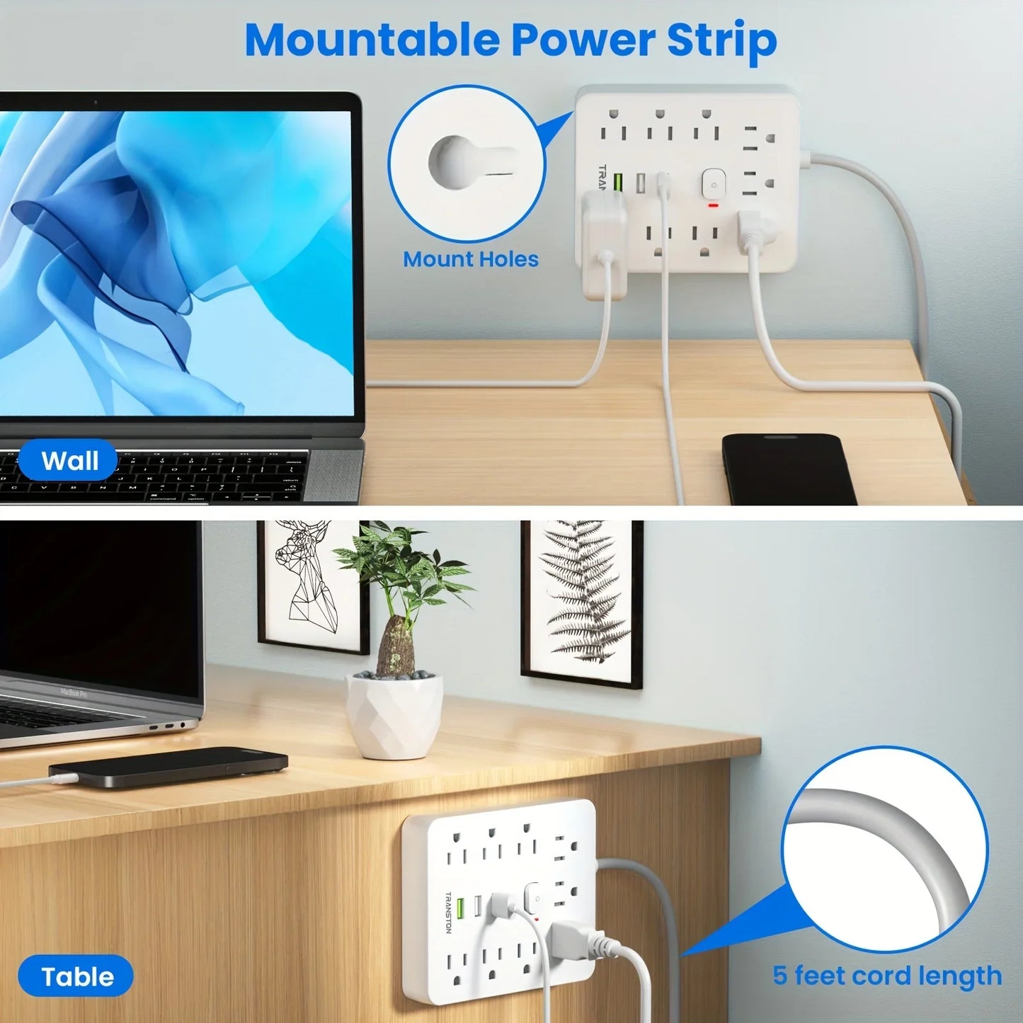 TRANSTON Power strip with Surge Protector, 9 power strip 3 USB Ports,5ft Extension Cord, Quick Charge, For Home and Off