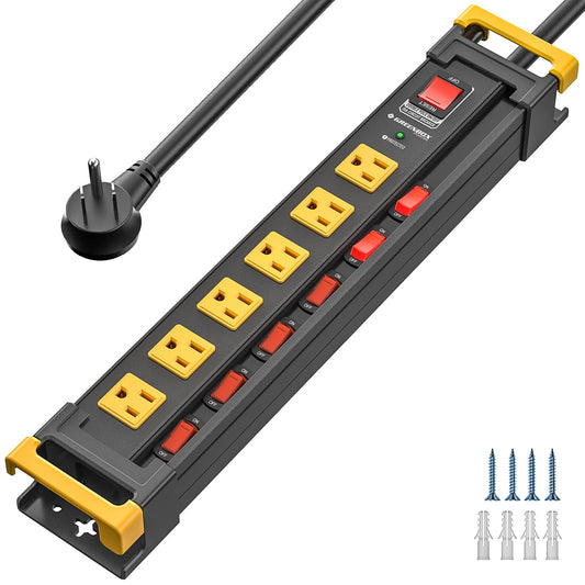 Mountable Metal Power Strip with Individual Switches | 6–12 Outlets Dual-Pole Master Switch, 3300J Surge Protector ETL Listed