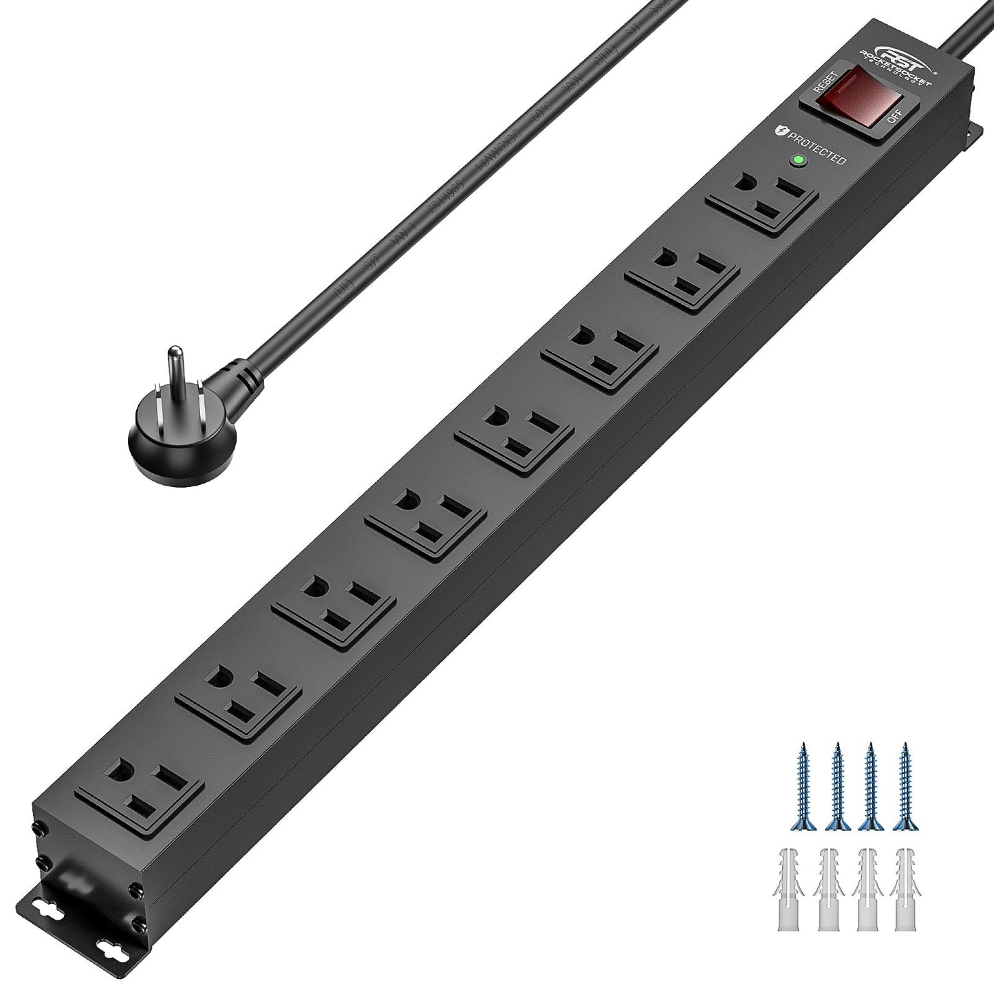 CRST 8 Outlets Mountable Metal Power Strip Surge Protector, 6FT Flat Plug, 2100 Joules, Wide Spaced