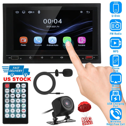7In Universal Wireless Car MP5 Player 1080P Video Player Stereo Audio FM Radio Aux/USB Input with Rear View Camera Remote Control