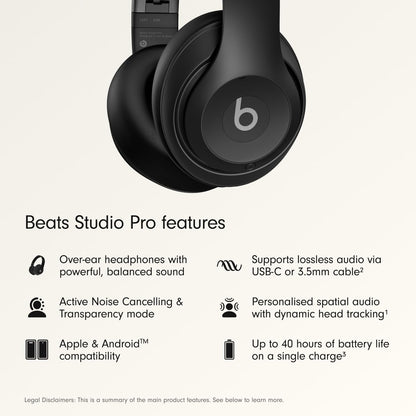 Beats Studio Pro Premium Wireless Over-Ear Headphones- Up to 40-Hour Battery Life, Active Noise Cancelling, Great for Travel & Commuting, USB-C Lossless Audio, Apple & Android Compatible -Black (Refurbished)