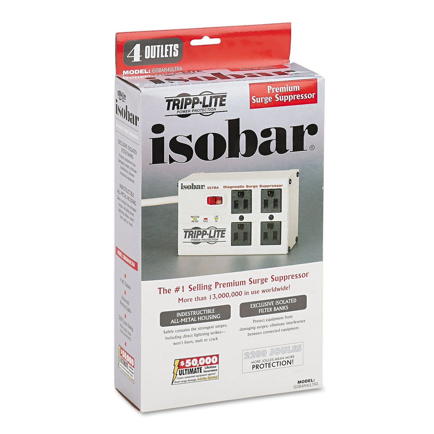 Tripp Lite Isobar Surge Protector with Diagnostic LEDs, 4 AC Outlets, 6 ft Cord, 3,330 J, Light Gray