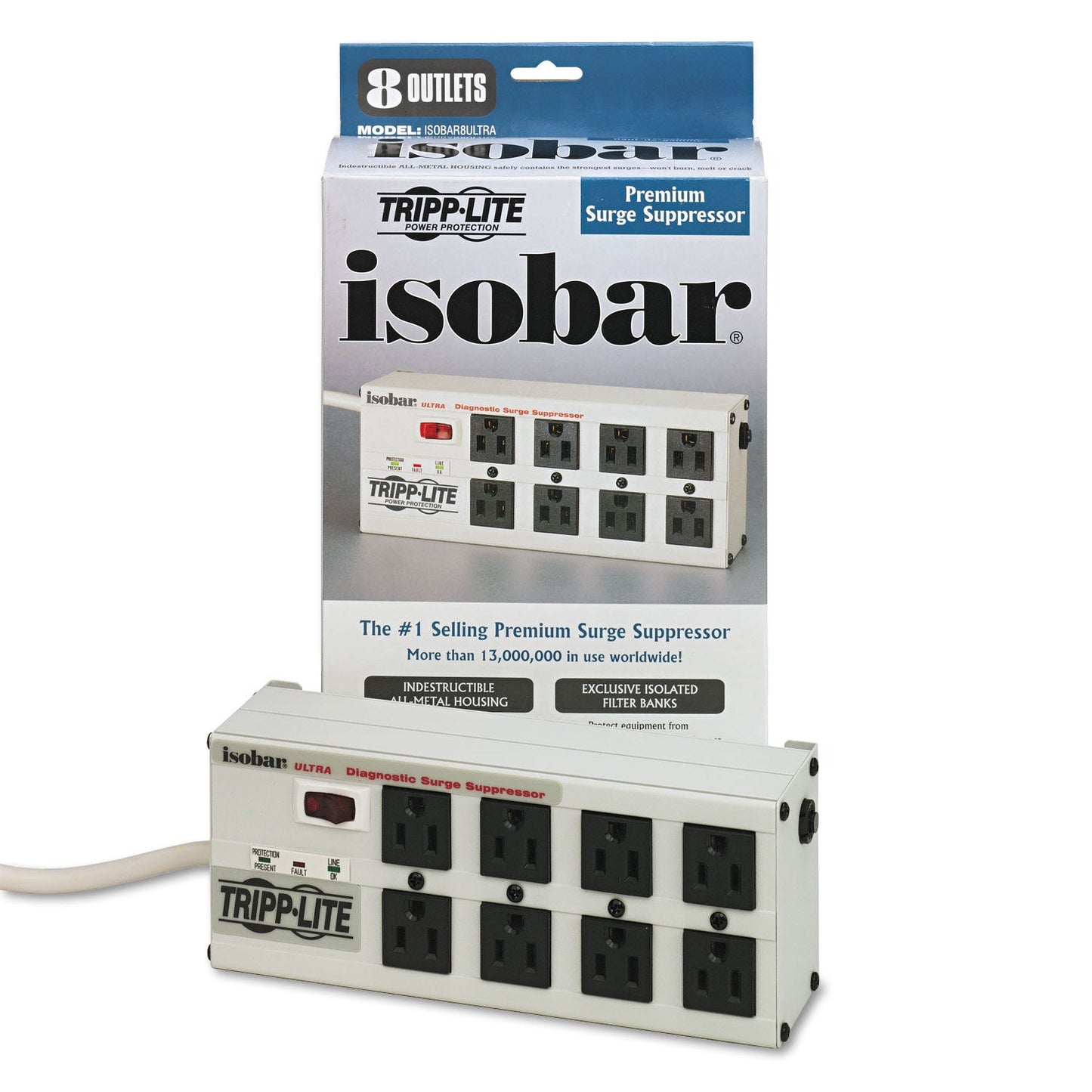 Tripp Lite Isobar Surge Protector, 8 AC Outlets, 12 ft Cord, 3,840 J, Light Gray