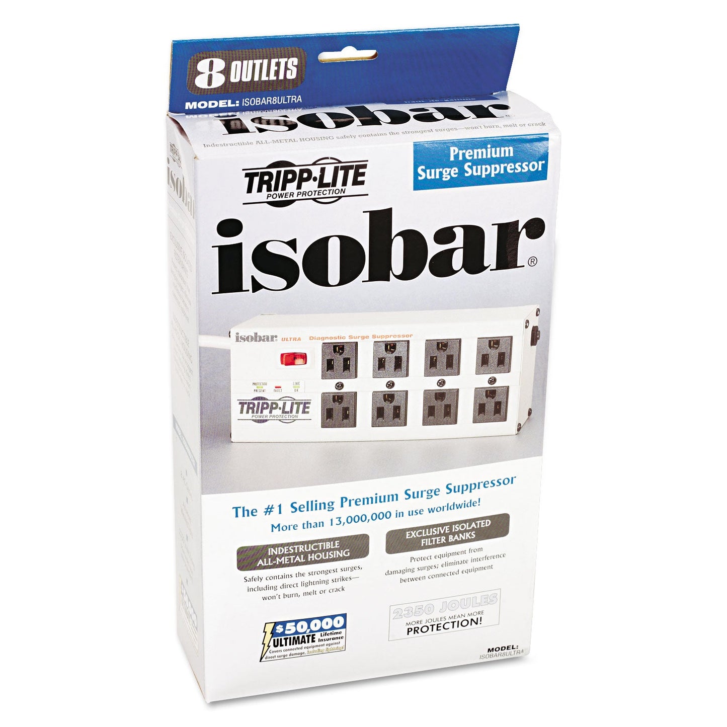 Tripp Lite Isobar Surge Protector, 8 AC Outlets, 12 ft Cord, 3,840 J, Light Gray