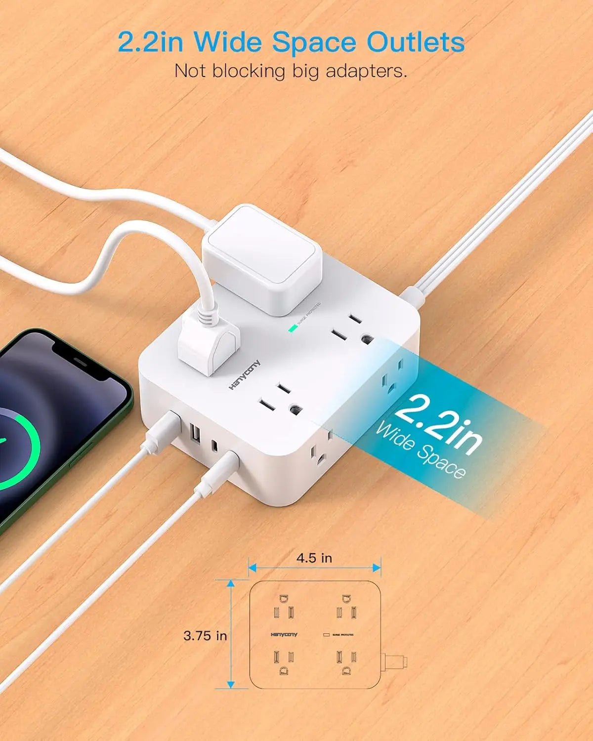 Surge Protector Power Strip with 8 Outlets and 4 USB Ports, Ultra Thin Flat Plug for Home Office Dorm Essentials