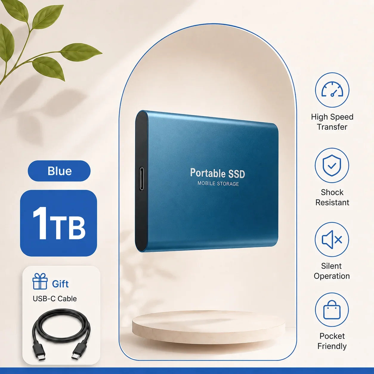 1TB 2TB Shockproof Portable External Hard Drive USB3.2 Type-C SSD Plug Play Hard Disk  For Laptop Mac
