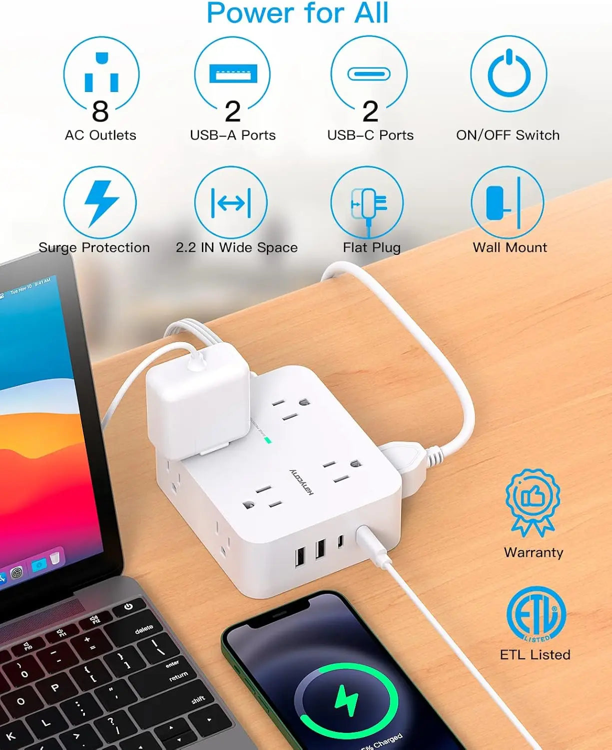 Surge Protector Power Strip with 8 Outlets and 4 USB Ports, Ultra Thin Flat Plug for Home Office Dorm Essentials