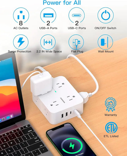 Surge Protector Power Strip with 8 Outlets and 4 USB Ports, Ultra Thin Flat Plug for Home Office Dorm Essentials