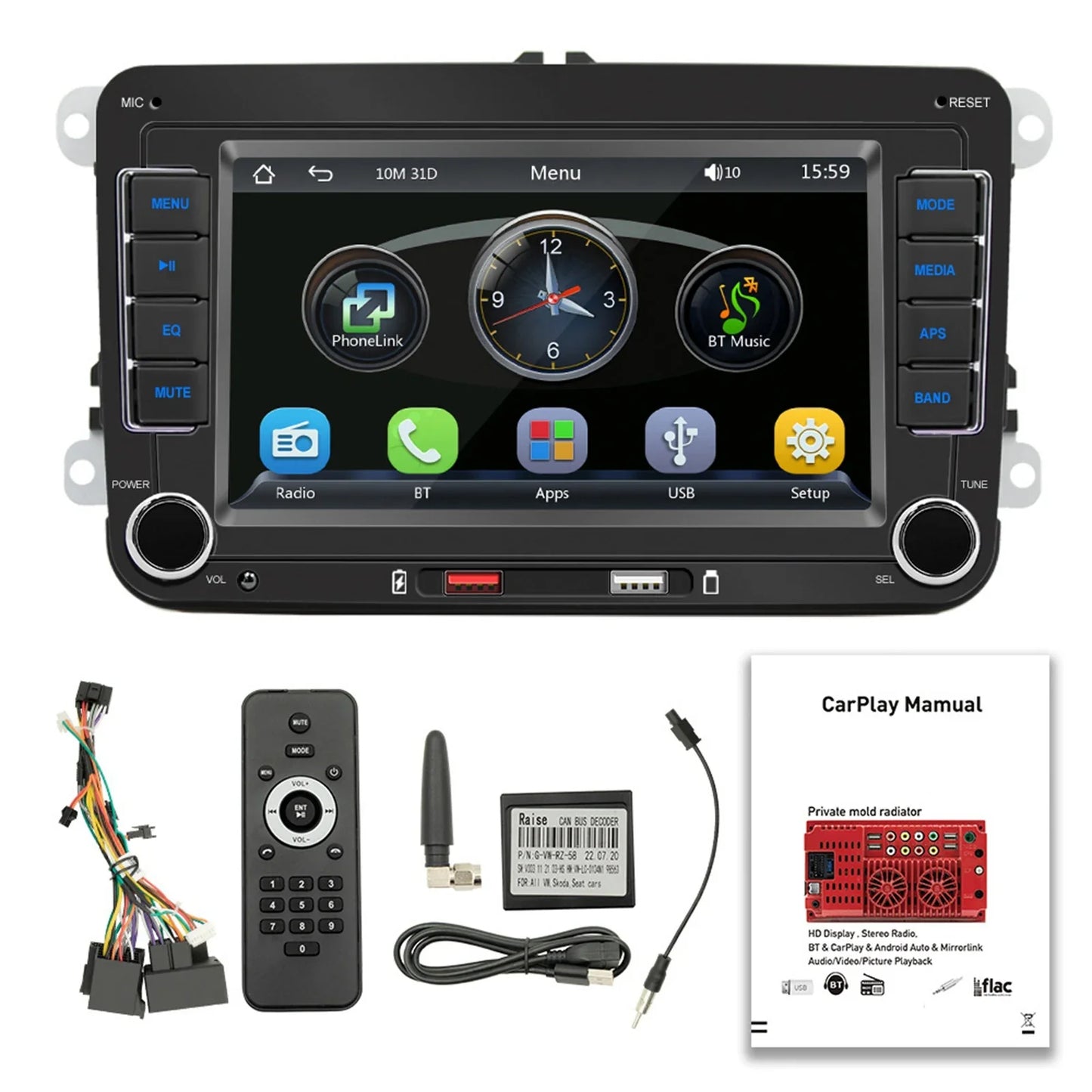7 Inch Car Stereo MP5 Player Touchcreen BT AM/FM Radio Receiver with Android Auto Carplay Support Hands-Free Calling USB Charge