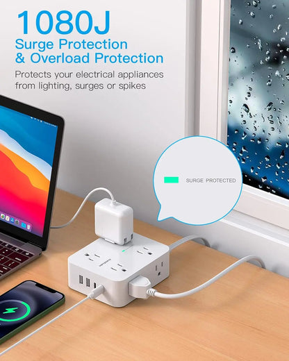 Surge Protector Power Strip with 8 Outlets and 4 USB Ports, Ultra Thin Flat Plug for Home Office Dorm Essentials