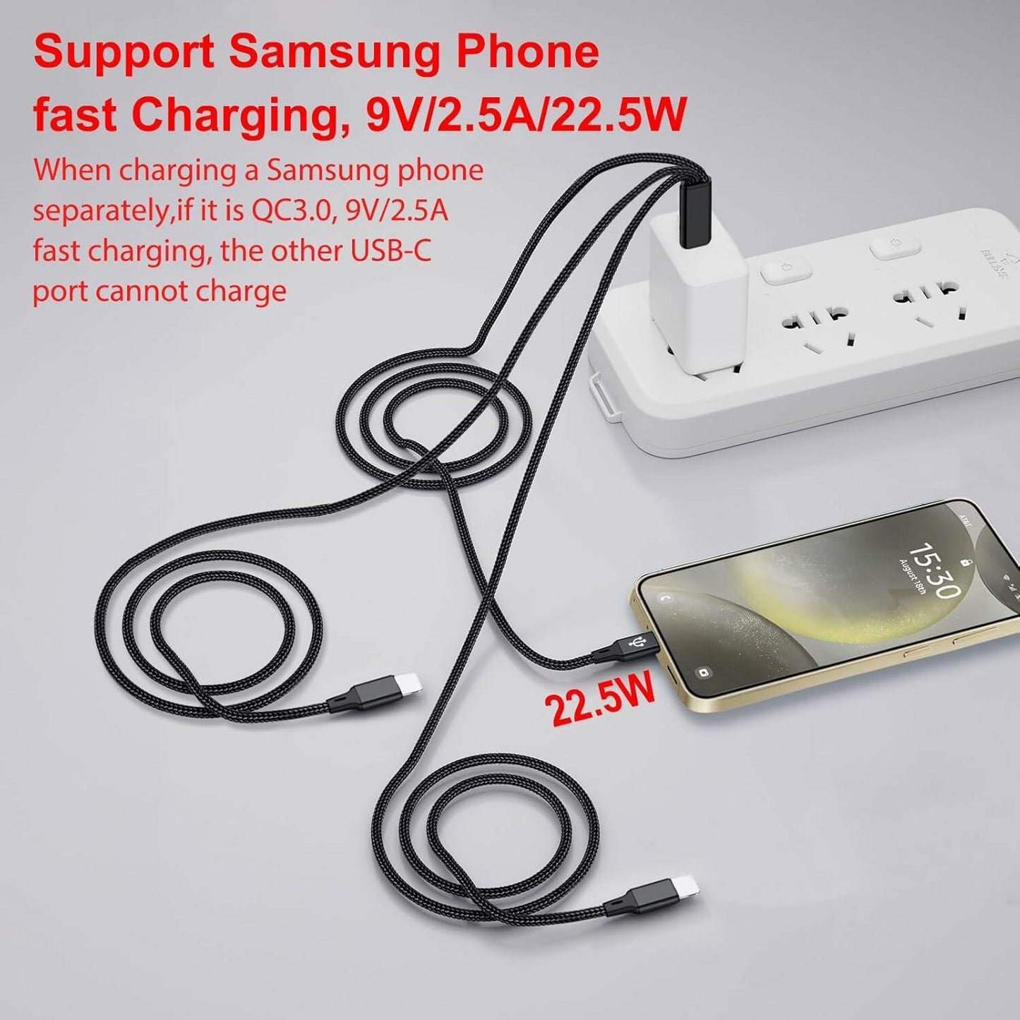 Wosixima USB-C 3-in-1 Charging Cable 4ft Black for iPhone 16/15 Pro Max Samsung