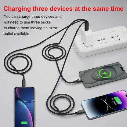 Wosixima USB-C 3-in-1 Charging Cable 4ft Black for iPhone 16/15 Pro Max Samsung