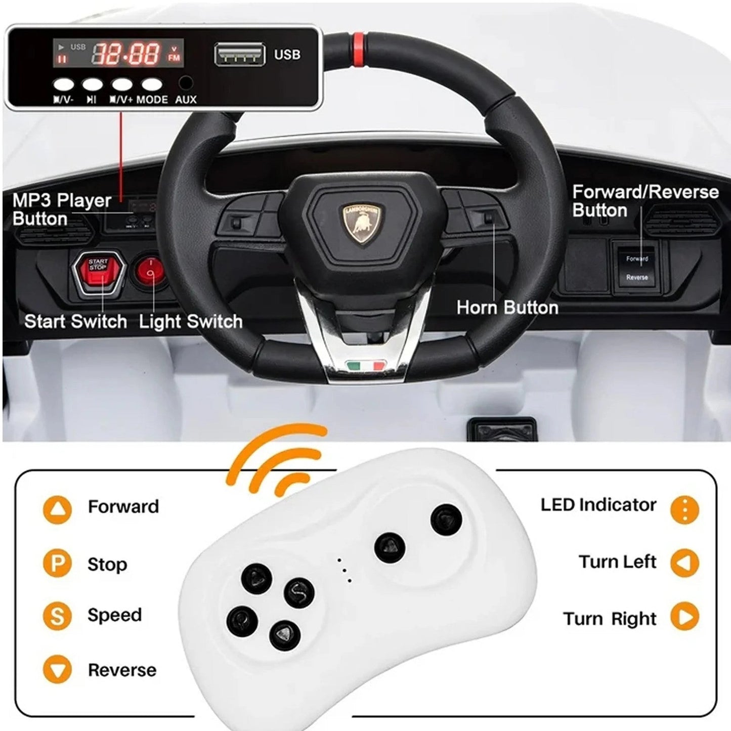 12V Kids' Electric Ride-On Vehicle with Parent Remote Control, Horn, and Radio