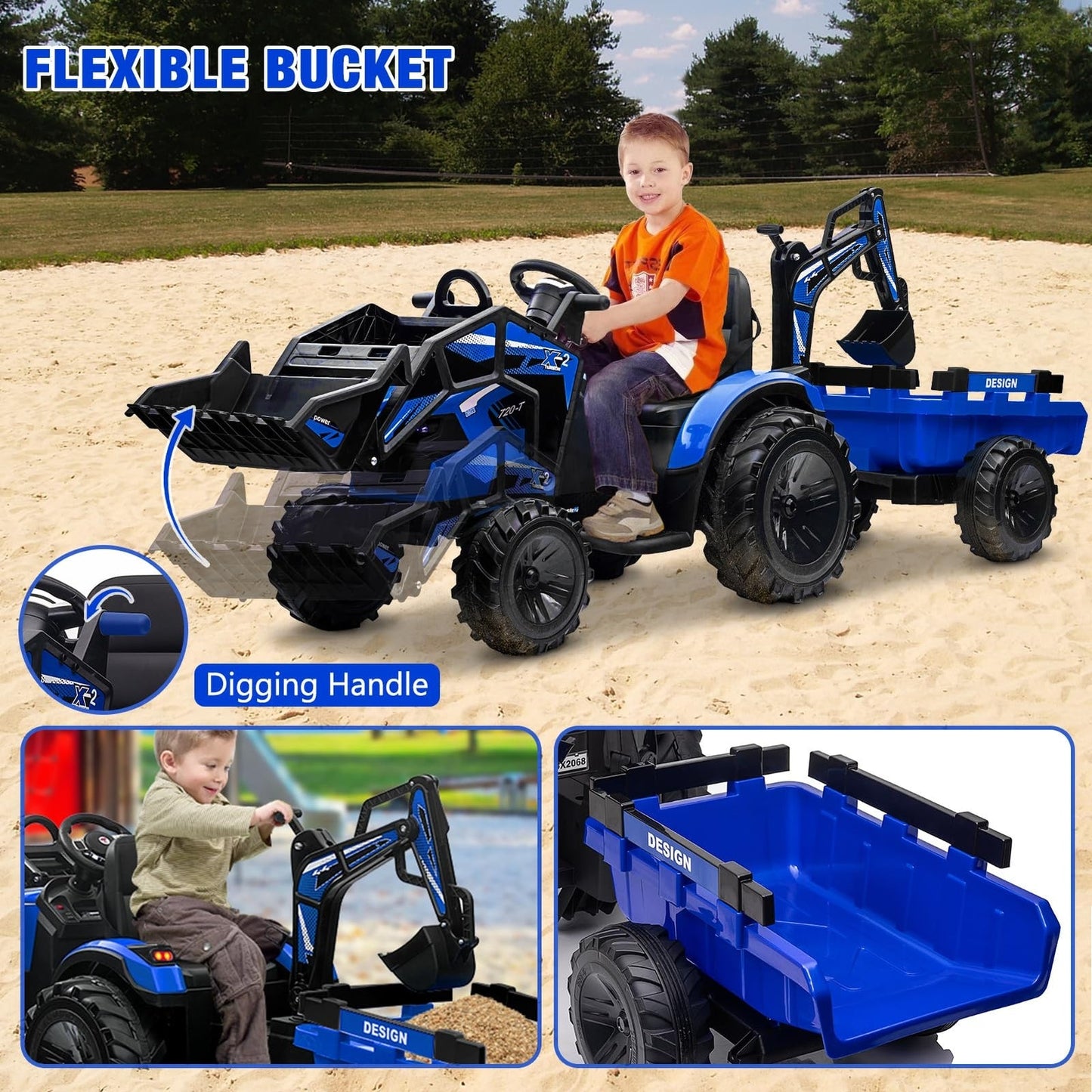 24V Electric Ride-On Tractor for Kids with Trailer, Excavator and Bulldozer Attachments