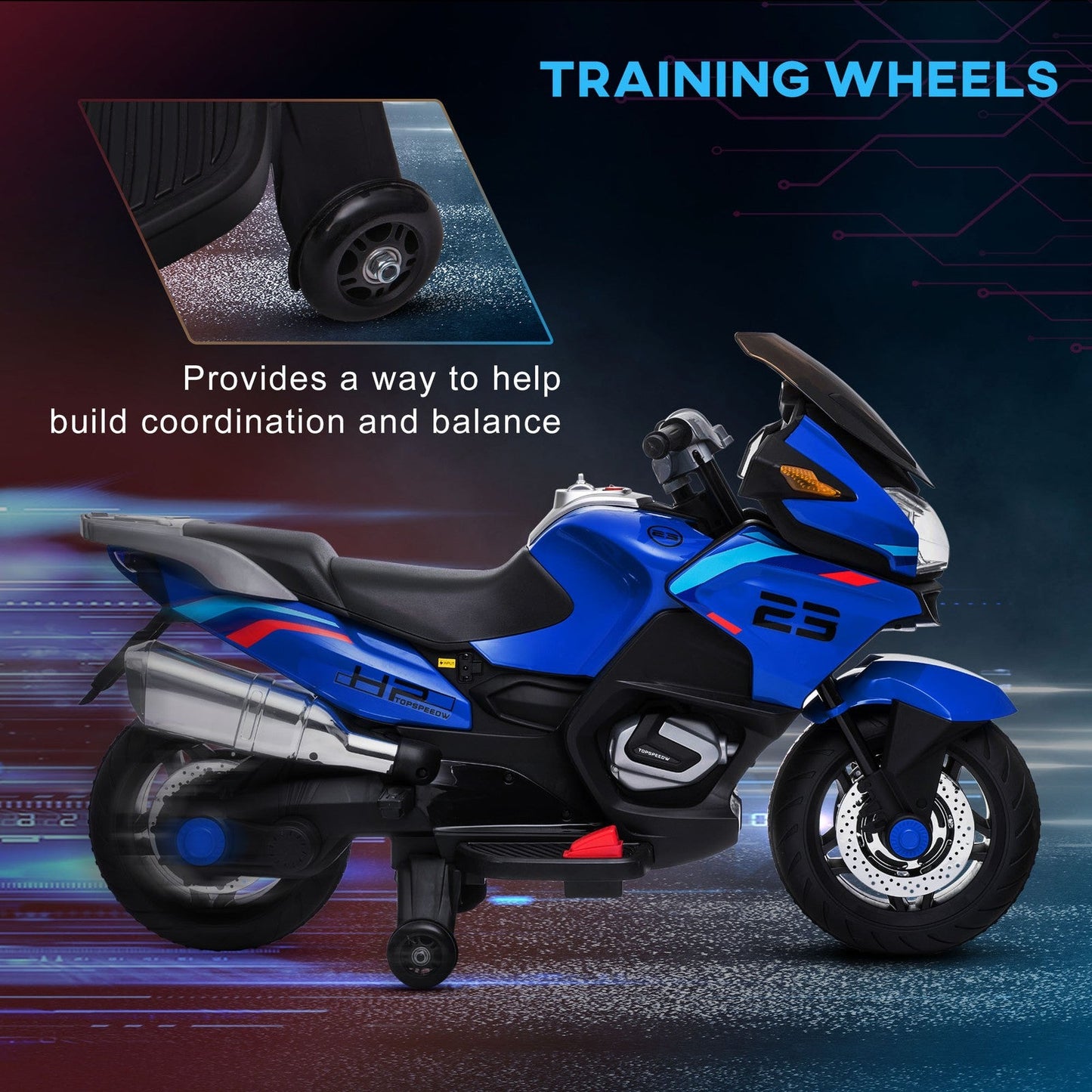 Electric Kids Motorcycle with Sound Effects, Lights, and Music – Blue