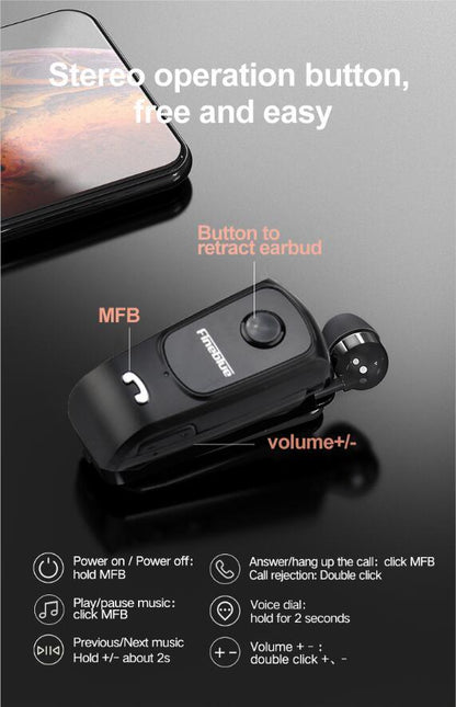 Unique Mini Wireless Earphone Retractable Portable Bluetooth Headset Calls Remind Vibration Sport Run Gamer Headphone Portable Design Comfortable HI-FI Stereo Earphones Noise Cancelling Bluetooth Earpiece